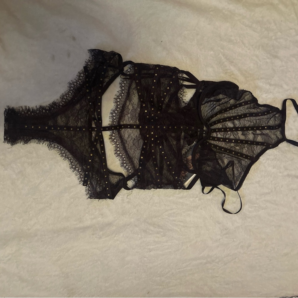Chic Black Lace Bodysuit with Gold Details